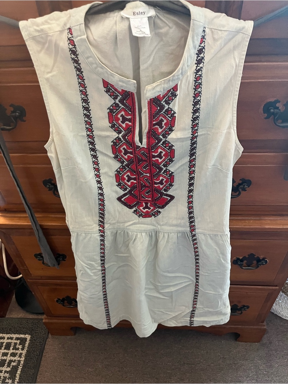 Esley Cream Sleeveless Tunic with Red and Black Embroidery